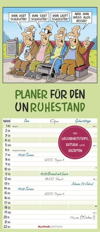 Alpha Edition - Planer für den Unruhestand 2026 – Familienplaner 19,5×45 cm mit lustigen Rentner-Cartoons, Humor-Wandkalender & Platz für Notizen, praktischer Terminplaner für Senioren & Familien