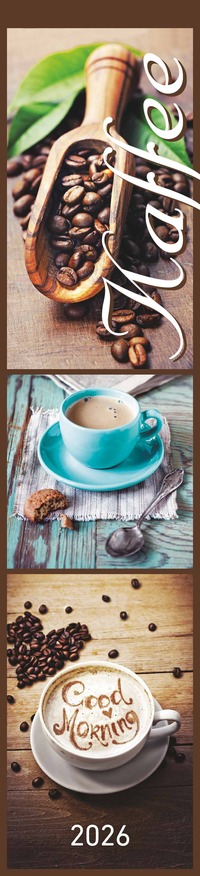 Alpha Edition - Küchenplaner Kaffee 2026 – Streifenkalender 11,3×49,5 cm mit Rezeptideen & deutschem Kalendarium, schlanker Wandkalender für Küche & Kaffeeliebhaber mit Platz für Termine & Notizen