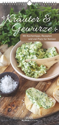 Alpha Edition - Kräuter und Gewürze Kalender 2026 – Streifenkalender 22×45 cm mit Extraspalte für Geburtstage, Küchentipps & Rezeptideen, praktischer Terminplaner für die Küche