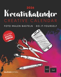 Alpha Edition - Kreativ-Kalender Tischaufsteller Hoch Schwarz 2026 – Bastelkalender 16×20 cm mit weißer Schrift, zum Aufstellen & Aufhängen, ideal für Fotos & kreative DIY-Geschenke