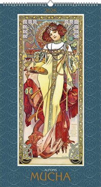 Alpha Edition - Alfons Mucha 2026 – Kunstkalender 33×60 cm mit Jugendstil-Motiven & Glitzereffekt, dekorativer Wandkalender mit Meisterwerken des berühmten Künstlers