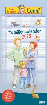 DUMONT - Conni 2025 Familienkalender, 22x49,5cm, Planer mit 5 Spalten für die ganze Familie, Jahresübersicht 2026 und Schulferientabelle, deutsches Kalendarium