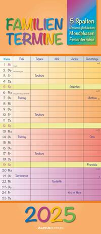 Alpha Edition - Regenbogen 2025 Familienplaner, 19,5x45cm, Familienkalender mit 5 Spalten für Termine, viel Platz für Notizmöglichkeiten, Mondphasen, Ferientermine DE/AT/CH, deutsches Kalendarium