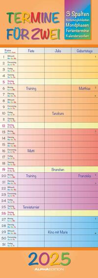 Alpha Edition - Regenbogen 2025 Familienplaner für 2, 15x42,cm, Familienkalender mit 3 Spalten für Termine und Notizmöglichkeiten, Mondphasen und Ferientermine DE/AT/CH