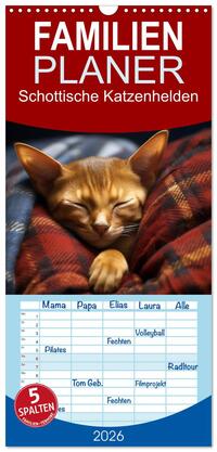 Familienplaner 2026 - Schottische Katzenhelden mit 5 Spalten (Wandkalender, 21 x 45 cm) CALVENDO