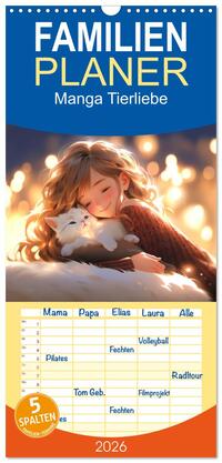 Familienplaner 2026 - Manga Tierliebe mit 5 Spalten (Wandkalender, 21 x 45 cm) CALVENDO