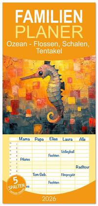 Familienplaner 2026 - Ozean - Flossen, Schalen, Tentakel mit 5 Spalten (Wandkalender, 21 x 45 cm) CALVENDO