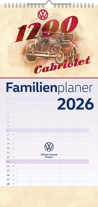 arti - VW Familienplaner 2026 - Familienplaner im 22 x 45 Format, mit Bildern von VW Käfer, Bulli, 5 Spalten für Termine, Notizen