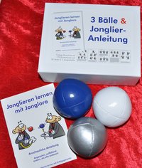 3 Bälle & Jonglier-Anleitung (blau, weiß, silber)